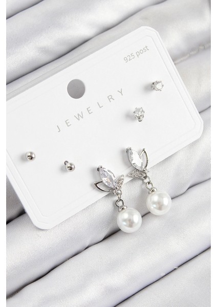 Pirinç Zirkon Taşlı Inci Sallantılı Damla Model Gümüş Renk 925 Ayar Gümüş Çivi Kadın Küpe Set