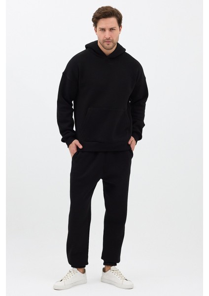 Erkek Pamuklu Eşofman Takımı Oversize Kapüşonlu 3 Iplik Kanguru Cepli Rahat Kesim Siyah - M
