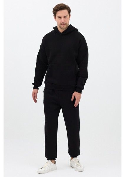 Erkek Pamuklu Eşofman Takımı Oversize Kapüşonlu 3 Iplik Kanguru Cepli Rahat Kesim Siyah - M fiyatları