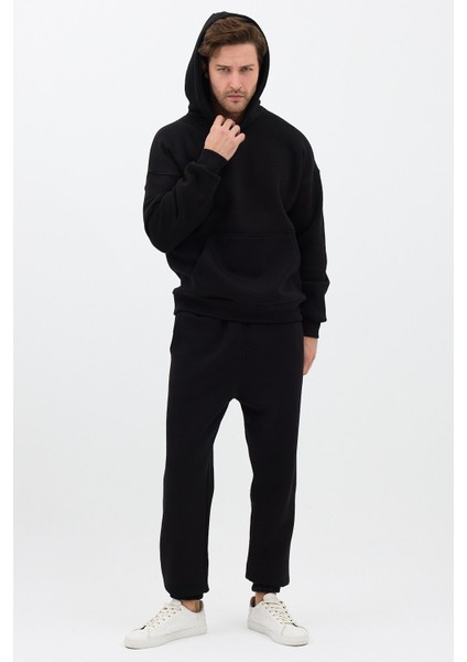 Erkek Pamuklu Eşofman Takımı Oversize Kapüşonlu 3 Iplik Kanguru Cepli Rahat Kesim Siyah - M modelleri