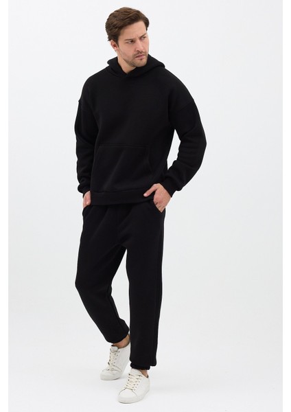 Erkek Pamuklu Eşofman Takımı Oversize Kapüşonlu 3 Iplik Kanguru Cepli Rahat Kesim Siyah - M fırsatları