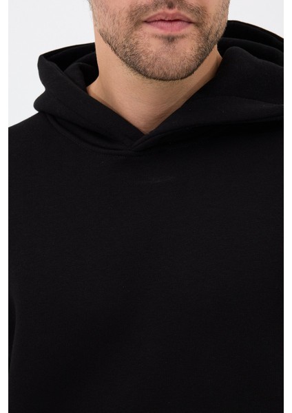 Erkek Pamuklu Eşofman Takımı Oversize Kapüşonlu 3 Iplik Kanguru Cepli Rahat Kesim Siyah - M indirimleri