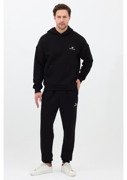 Erkek Pamuklu Nakışlı Oversize Kapüşonlu 3 Iplik Kanguru Cepli Basic Eşofman Takımı Siyah - L