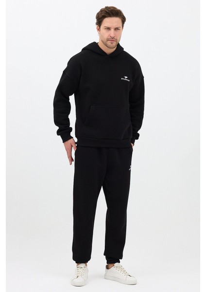 Erkek Pamuklu Nakışlı Oversize Kapüşonlu 3 Iplik Kanguru Cepli Basic Eşofman Takımı Siyah - L fiyatları