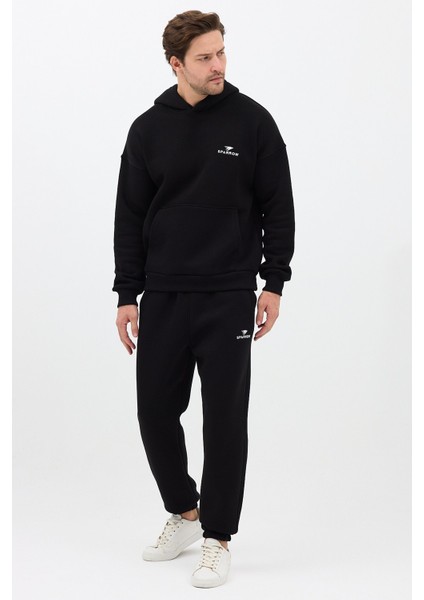 Erkek Pamuklu Nakışlı Oversize Kapüşonlu 3 Iplik Kanguru Cepli Basic Eşofman Takımı Siyah - L modelleri