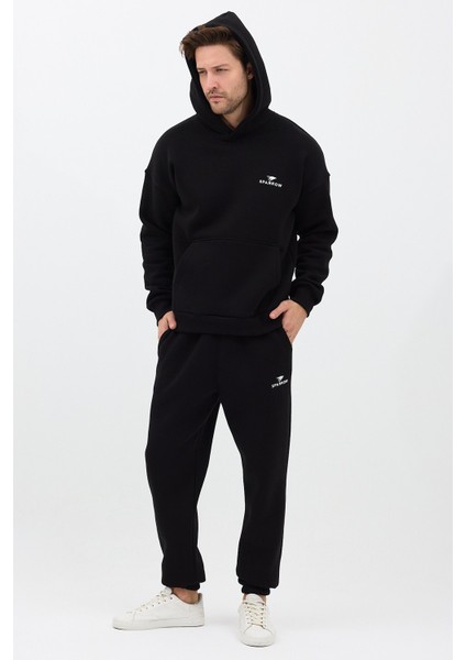 Erkek Pamuklu Nakışlı Oversize Kapüşonlu 3 Iplik Kanguru Cepli Basic Eşofman Takımı Siyah - L indirimleri