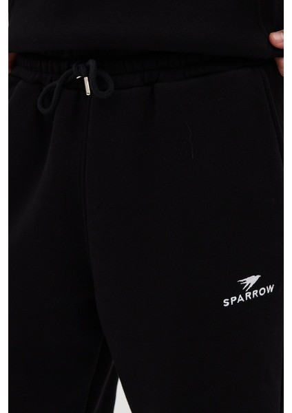 Erkek Pamuklu Nakışlı Oversize Kapüşonlu 3 Iplik Kanguru Cepli Basic Eşofman Takımı Siyah - L