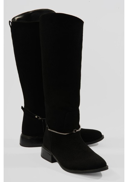 Kadın Süet Çizme Tokalı Kalın Topuklu Siyah Miretta