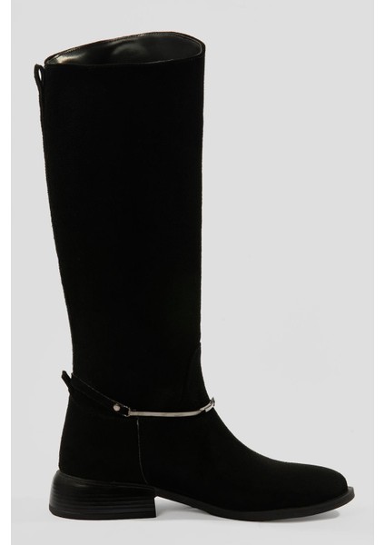 Kadın Süet Çizme Tokalı Kalın Topuklu Siyah Miretta