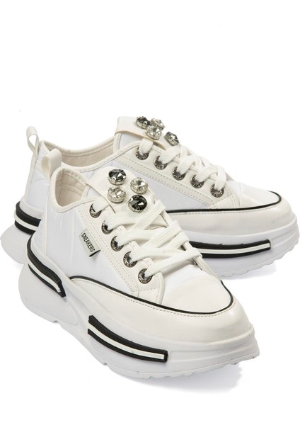 Kadın Paraşüt Sneaker Taş Detaylı Kalın Tabanlı Beyaz Zeyra