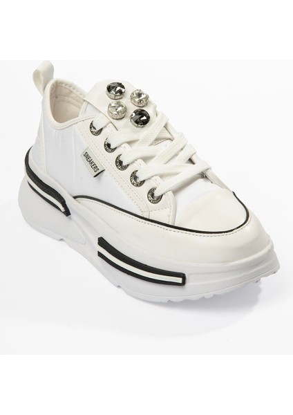 Kadın Paraşüt Sneaker Taş Detaylı Kalın Tabanlı Beyaz Zeyra fiyatları