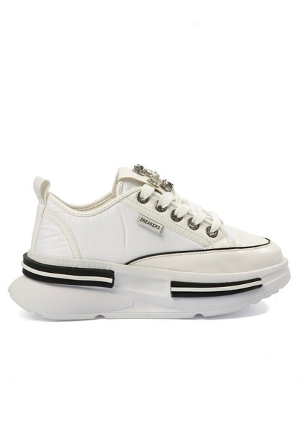 Kadın Paraşüt Sneaker Taş Detaylı Kalın Tabanlı Beyaz Zeyra modelleri