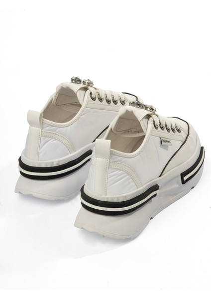 Kadın Paraşüt Sneaker Taş Detaylı Kalın Tabanlı Beyaz Zeyra indirimleri