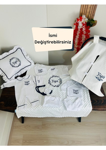 Nakışlı Isme Özel Hastane Çıkış Seti ve Puset Örtüsü 12 Parça (%100 Pamuk) Takı Yastıklı