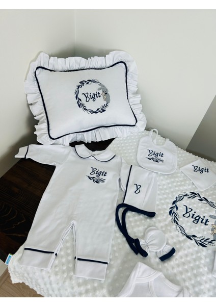 Nakışlı Isme Özel Hastane Çıkış Seti ve Puset Örtüsü 12 Parça (%100 Pamuk) Takı Yastıklı modelleri