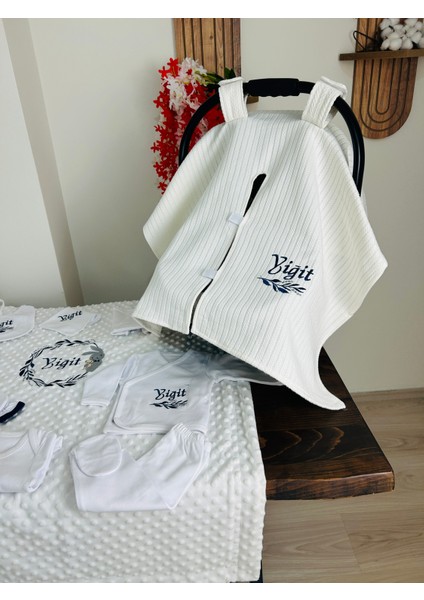 Nakışlı Isme Özel Hastane Çıkış Seti ve Puset Örtüsü 12 Parça (%100 Pamuk) Takı Yastıklı