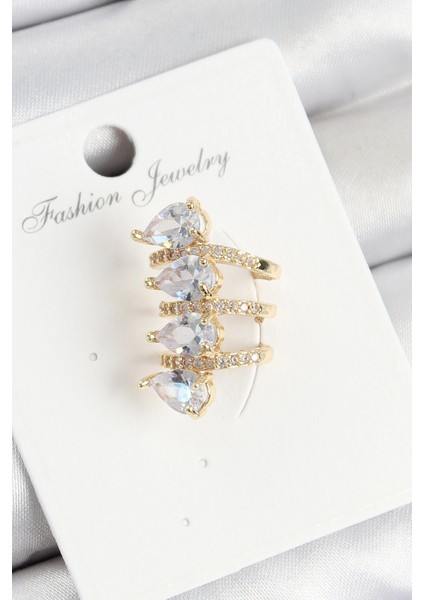 Pirinç Zirkon Taşlı Damla Model Gold Renk Sağ Kıkırdak Küpe