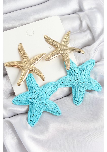 Pirinç Sallantılı Turkuaz Deniz Yıldızı Model Gold Renk Hasır Küpe
