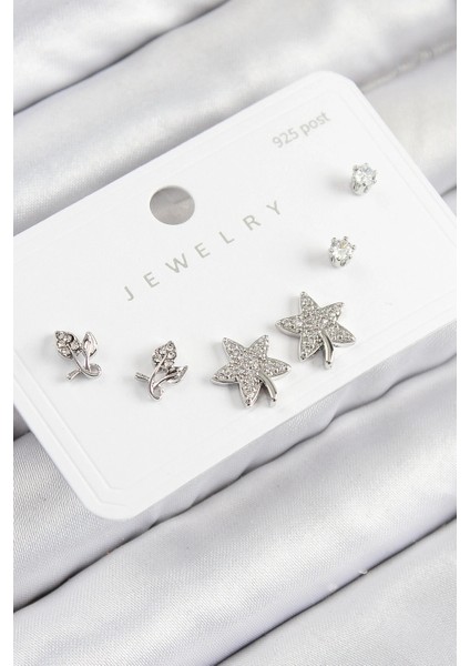 Pirinç Zirkon Taşlı Yıldız ve Gül Model Gümüş Renk 925 Ayar Gümüş Çivi Kadın Küpe Set