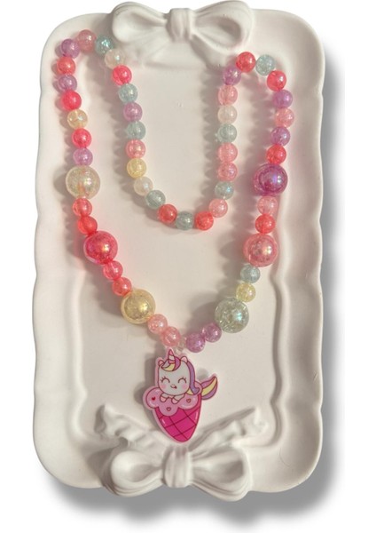 Sevimli Unicorn Rozet Model Içi Simli Boncuk Detaylı Karışık Renkli Inci Kız Çocuk Kolye fiyatları