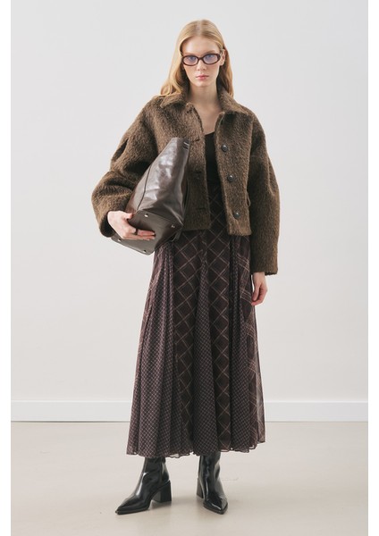 Ekose Desenli Şifon Etek Kahve