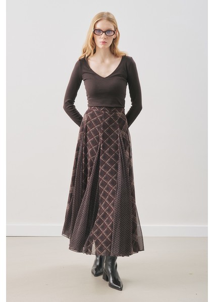 Ekose Desenli Şifon Etek Kahve fırsatları
