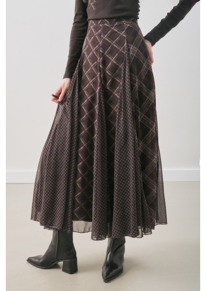 Ekose Desenli Şifon Etek Kahve indirimleri