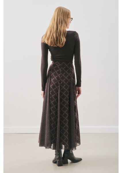 Ekose Desenli Şifon Etek Kahve