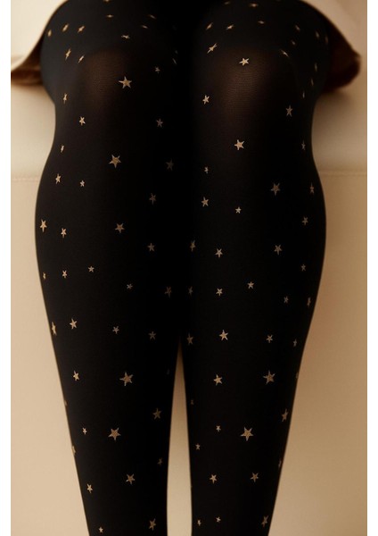 Kız Çocuk Orta Kalın 40 Den Star Altın Yıldız Siyah Rengi Külotlu Çorap modelleri