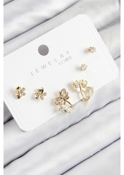 Pirinç Zirkon Taşlı Kelebek Model Gold Renk 925 Ayar Gümüş Çivi Kadın Küpe Set