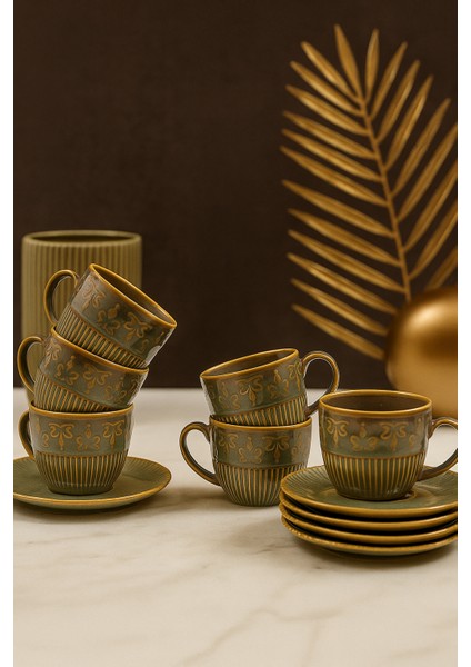 Kadıkızı 12 Parça 6 Kişilik Zeytuni Porselen Kahve Fincan Takımı