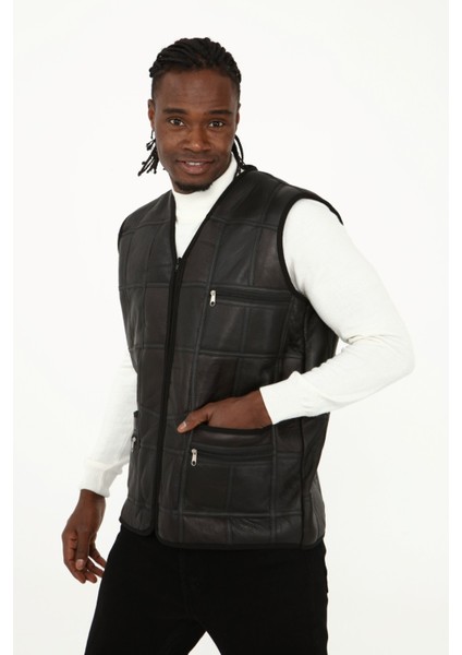 Parçalı Hakiki Deri ve Hakiki Kürk Parçalı Yelek