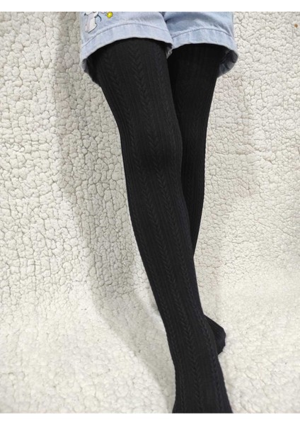 Örgü Desenli Kız Çocuk Orta Kalın Mevsimli Külotlu Çorap - Siyah