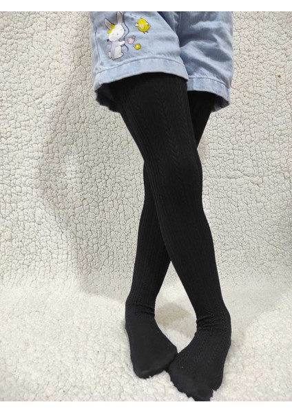 Örgü Desenli Kız Çocuk Orta Kalın Mevsimli Külotlu Çorap - Siyah modelleri