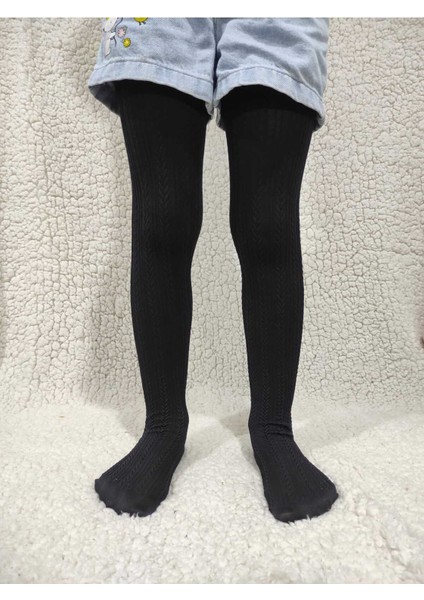 Örgü Desenli Kız Çocuk Orta Kalın Mevsimli Külotlu Çorap - Siyah fırsatları