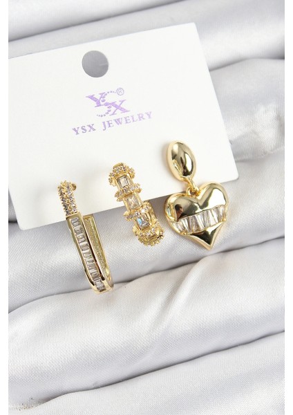 Pirinç Zirkon Taşlı Kalp Model Gold Renk 3'lü Kadın Küpe