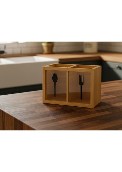2 Bölmeli Dekoratif Tezgah Üstü Bambu Kaşıklık – Ahşap Mutfak Düzenleyici, Çatal Kaşık Bıçak Saklama Kutusu (18X13 Cm) fiyatları
