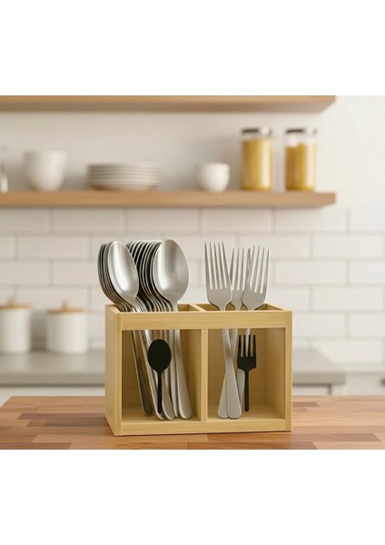 2 Bölmeli Dekoratif Tezgah Üstü Bambu Kaşıklık – Ahşap Mutfak Düzenleyici, Çatal Kaşık Bıçak Saklama Kutusu (18X13 Cm) modelleri