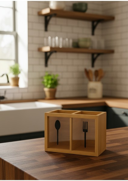 2 Bölmeli Dekoratif Tezgah Üstü Bambu Kaşıklık – Ahşap Mutfak Düzenleyici, Çatal Kaşık Bıçak Saklama Kutusu (18X13 Cm) fırsatları