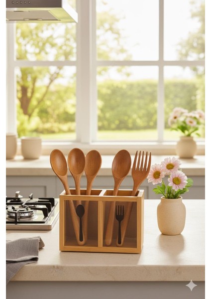 2 Bölmeli Dekoratif Tezgah Üstü Bambu Kaşıklık – Ahşap Mutfak Düzenleyici, Çatal Kaşık Bıçak Saklama Kutusu (18X13 Cm) indirimleri