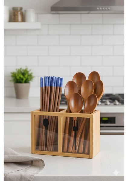 2 Bölmeli Dekoratif Tezgah Üstü Bambu Kaşıklık – Ahşap Mutfak Düzenleyici, Çatal Kaşık Bıçak Saklama Kutusu (18X13 Cm)
