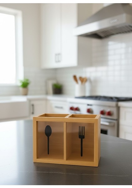 2 Bölmeli Dekoratif Tezgah Üstü Bambu Kaşıklık – Ahşap Mutfak Düzenleyici, Çatal Kaşık Bıçak Saklama Kutusu (18X13 Cm)