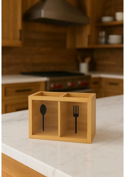2 Bölmeli Dekoratif Tezgah Üstü Bambu Kaşıklık – Ahşap Mutfak Düzenleyici, Çatal Kaşık Bıçak Saklama Kutusu (18X13 Cm)
