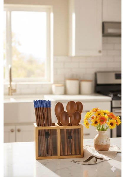 2 Bölmeli Dekoratif Tezgah Üstü Bambu Kaşıklık – Ahşap Mutfak Düzenleyici, Çatal Kaşık Bıçak Saklama Kutusu (18X13 Cm)