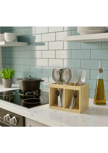2 Bölmeli Dekoratif Tezgah Üstü Bambu Kaşıklık – Ahşap Mutfak Düzenleyici, Çatal Kaşık Bıçak Saklama Kutusu (18X13 Cm)