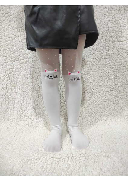 Beyaz Kız Çocuk Mühür Kedi Baskı Külotlu Çorap fiyatları