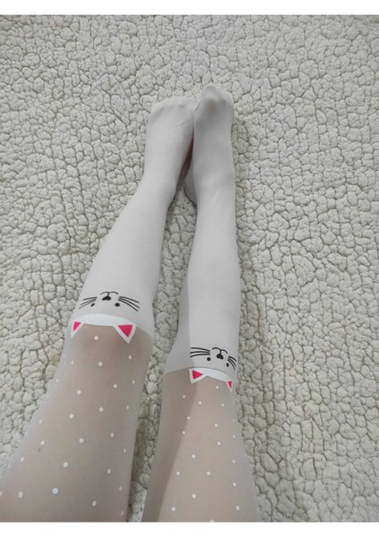 Beyaz Kız Çocuk Mühür Kedi Baskı Külotlu Çorap modelleri