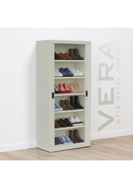 Sürgülü Kapaklı Metal Ayakkabılık – Geniş Raflı Kiler & Arşiv Dolabı