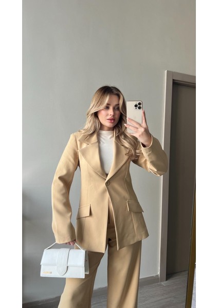 Beli Daralan Orta Boy Astarlı Vatkalı Tasarım Cep Detay Premium Blazer Ceket Yüksek Bel Palazzo Pantolon Ikili Şık Muadil Takım fiyatları