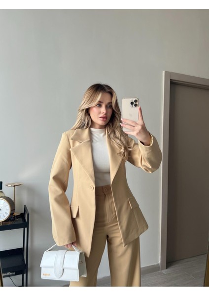 Beli Daralan Orta Boy Astarlı Vatkalı Tasarım Cep Detay Premium Blazer Ceket Yüksek Bel Palazzo Pantolon Ikili Şık Muadil Takım fırsatları